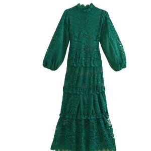 Farm Rio Dark Green Guipure Long Sleeve Maxi Dress